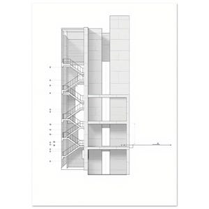 Imagined concrete building in longitudinal section, brutalist architecture drawing, office and hallway wall art | A4 A3 50x70 cm