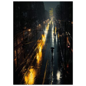 Rainy City Street Wall Art Noir Urban Landscape Print High Angle Night Street Umbrellas Reflections | A4 A3 50x70 cm