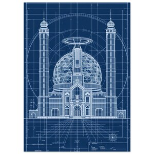 Geodesic observatory dome blueprint elevation, fine white linework on prussian blue, science office art | A4 A3 50x70 cm
