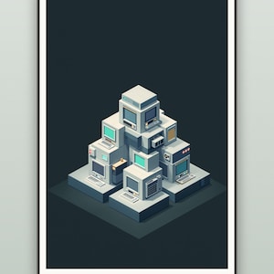 May include: A framed digital art print featuring an isometric stack of vintage beige desktop computers and monitors on a dark background. The composition displays multiple retro computer units arranged in a pyramid structure with visible screens.