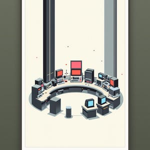 Illustration isométrique d'un laboratoire informatique rétro-futuriste, art de salle de contrôle de science-fiction avec accents néon