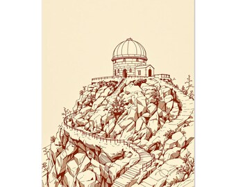 Hilltop dome observatory on rocky cliffside, sepia architectural sketch on parchment, study or home library art | 12x18 16x24 24x36