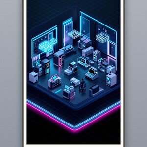 Peut inclure: Une illustration numérique isométrique d'une salle de serveurs futuriste avec plusieurs postes de travail, des baies de serveurs et des accents lumineux néon bleu et rose. Une silhouette est assise à un bureau central dans l'espace sombre quadrillé.