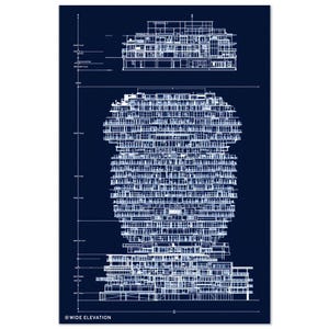 May include: Architectural blueprint print showing a detailed white line drawing of a multi-storey building on a dark blue background. The print includes a top-down view and a side elevation, with the text "WIDE ELEVATION" at the bottom.