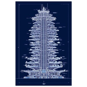 May include: Architectural blueprint of a futuristic skyscraper with multiple circular levels and a central core. The design features detailed line drawings in white against a dark blue background, showcasing the building's structure and layout.