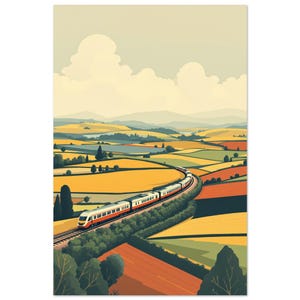May include: An illustration of a train journey through the countryside. The image shows a train with orange and white detailing, traversing through rolling hills of yellow, orange, and green fields under a cloudy sky, evoking a sense of travel.