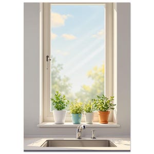 Herb pots on a sunlit kitchen windowsill painted illustration, minimalist plant wall art | A4 A3 50x70 cm