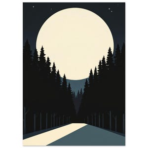 Moonlit forest clearing with sharp shadow, noir mid-century graphic illustration, dark blue bedroom wall art | A4 A3 50x70 cm