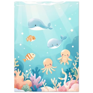 Underwater Nursery Wall Art Cute Sea Animal Parade Pastel Ocean Print Baby Whale Dolphin Turtle | A4 A3 50x70 cm