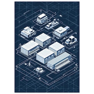 Futuristic Blueprint Wall Art Isometric Data Center Cityscape Architectural Line Drawing Print | A4 A3 50x70 cm