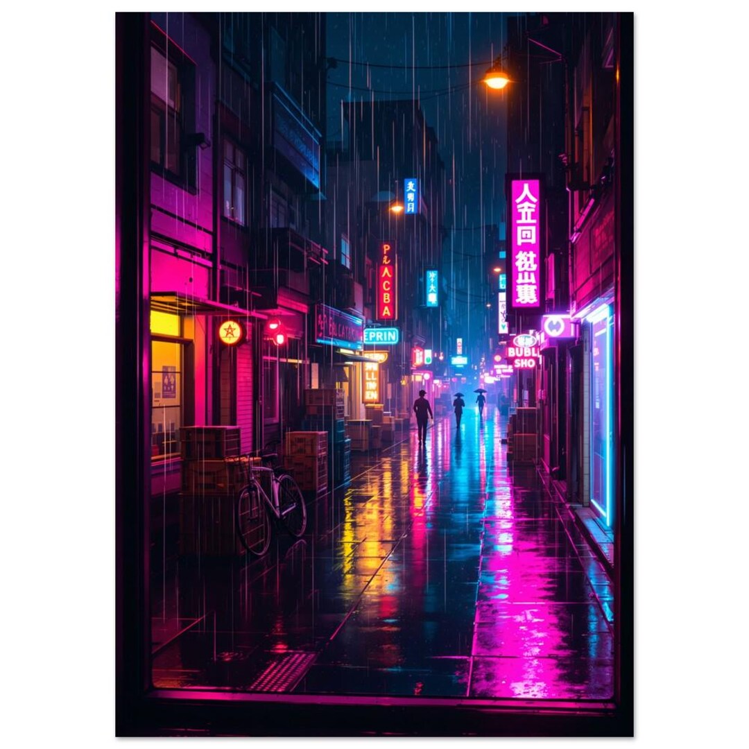 Rainy Neon City Window Wall Art Noir Alley Night Print Retro 80s ...