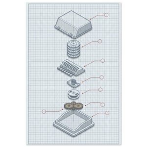 Exploded view cipher machine with rotor discs and gear train, blueprint technical drawing, home office art