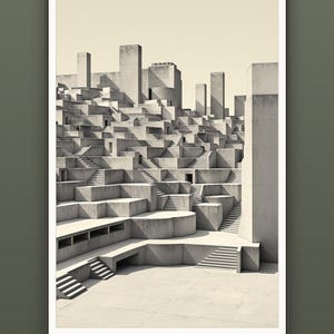 Estudio arquitectónico monocromático de escaleras y terrazas de hormigón imaginadas, arte mural brutalista.