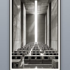 Puede incluir: Una impresión de arte mural en blanco y negro que muestra un vasto salón industrial simétrico con filas de consolas informáticas que conducen a una fuente de luz vertical brillante. El texto "MULTIPLE SIZES · INCHES & CM" aparece abajo.