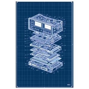 May include: A blueprint-style illustration of a disassembled electronic device, possibly audio equipment, with detailed internal components. The design is rendered in white against a blue grid background, showcasing the device's layered construction. The image includes the text "RKC1".
