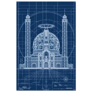 May include: Architectural blueprint art print featuring a detailed illustration of a domed building with two tall minarets. The design is rendered in white lines on a dark blue background, resembling a technical drawing. The print includes architectural details and a circular grid.