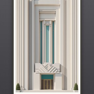 Art-Deco-Kalksteinfassade mit Schatten- und Chevronrelief, Wandkunst aus architektonischer Geometrie
