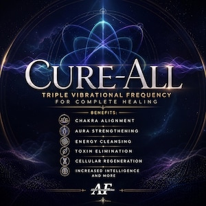 以下が含まれることがあります： 「CURE-ALL」の文字が大きくスタイリッシュに描かれたデジタルグラフィック。下には「TRIPLE VIBRATIONAL FREQUENCY FOR COMPLETE HEALING」と書かれています。チャクラの調整やオーラの強化などの利点が示されており、背景は濃い青と紫です。