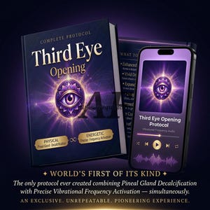 May include: A dark blue book and a smartphone feature the "Third Eye Opening Protocol." The book has gold text and a purple eye symbol. The phone displays a similar design with audio controls. The text mentions pineal gland decalcification.