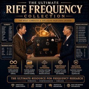 以下が含まれることがあります： 「The Ultimate Rife Frequency Collection」というテキストを含む情報グラフィック。2人の男性、ヴィンテージマシン、元素、脳波状態、周波数アプリケーション、貴金属のリストが特徴です。このグラフィックは周波数研究を促進しています。