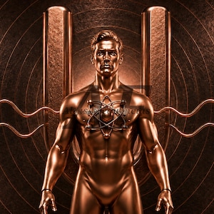 Puede incluir: Una escultura de bronce metálico de una figura humana con un símbolo de átomo centrado en el pecho. La figura se encuentra frente a un fondo con dos grandes pilares verticales y líneas circulares concéntricas, con el texto Altas Frequencias.