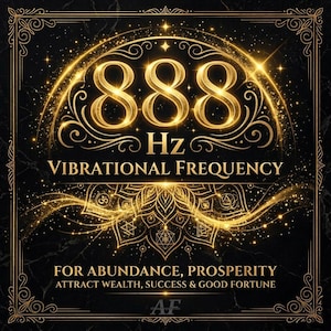 May include: A digital graphic with a black marble background features gold text and design elements. The number "888" is prominently displayed, along with "Hz" and "VIBRATIONAL FREQUENCY". The text "FOR ABUNDANCE, PROSPERITY" is also included.