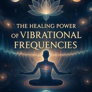May include: Digital art poster with the text "THE HEALING POWER OF VIBRATIONAL FREQUENCIES". The image features a lotus flower, a person meditating, and celestial elements. The bottom of the poster reads "AWAKEN YOUR ENERGY • ALIGN WITH THE UNIVERSE • TRANSFORM YOUR REALITY".