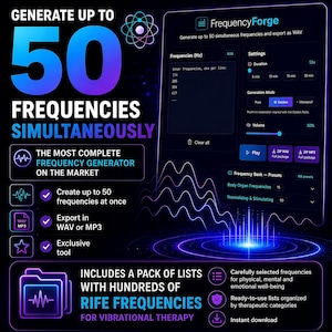 May include: A digital interface with the text "FrequencyForge" and the words "Generate up to 50 frequencies simultaneously." The interface includes options for frequency settings, generation mode, and volume control. It also features a list of Rife frequencies.