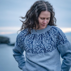 May include: A light blue sweater with a navy blue geometric pattern across the chest and shoulders. The sweater is worn by a person with long, wavy brown hair. The person is wearing blue jeans.