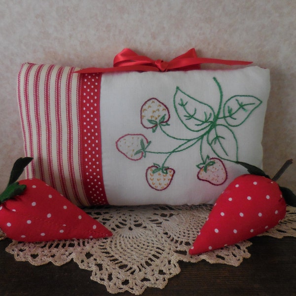 Vintage Recycled Strawberry Embroidery & Red Ticking Farmhouse Pillow Tuck