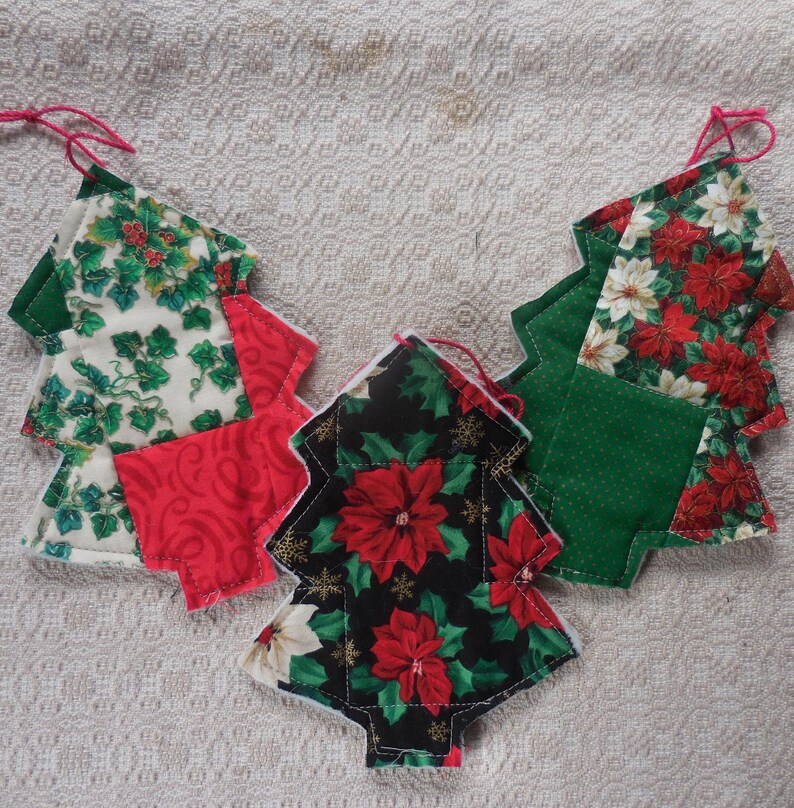 Primitive Christmas Heart or Tree Ornaments Red Green Quilt Flats