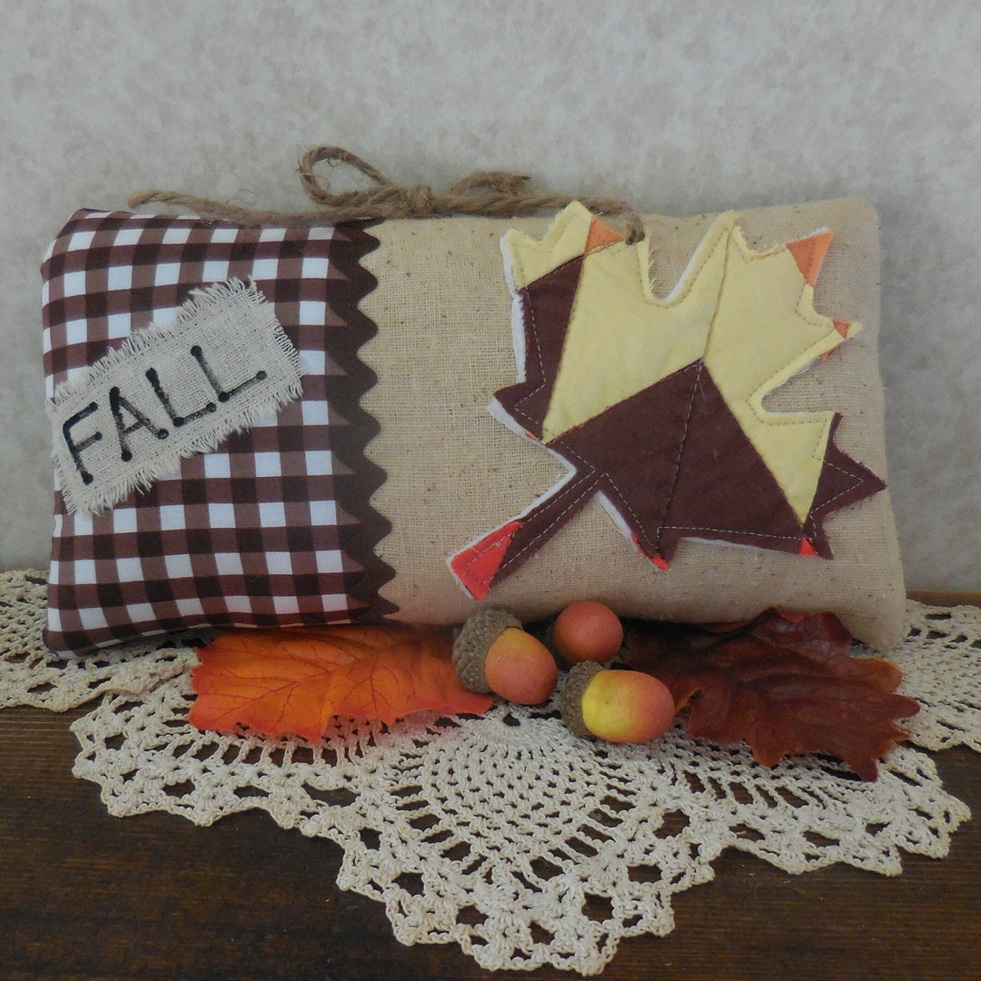 SALE Primitive Fall Pillow Tuck Brown Yellow Quilt Maple Leaf Rustic Autumn Decor Etsy