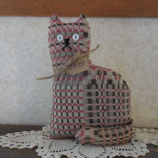 Primitive Cat Shelf Sitter Vintage Brown Woven Coverlet Farmhouse Kitty Cat