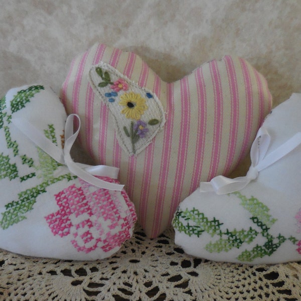 Handmade Primitive Heart Tucks Vintage Embroidery Pink Ticking Bowl Fillers Gift Idea