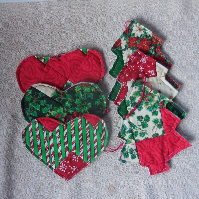 Primitive Christmas Heart or Tree Ornaments Red Green Quilt Flats
