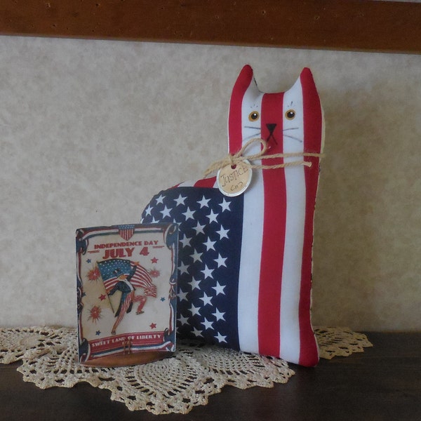 Primitive Americana Flag Cat Pillow Tuck Patriotic Decor Red White Blue Liberty