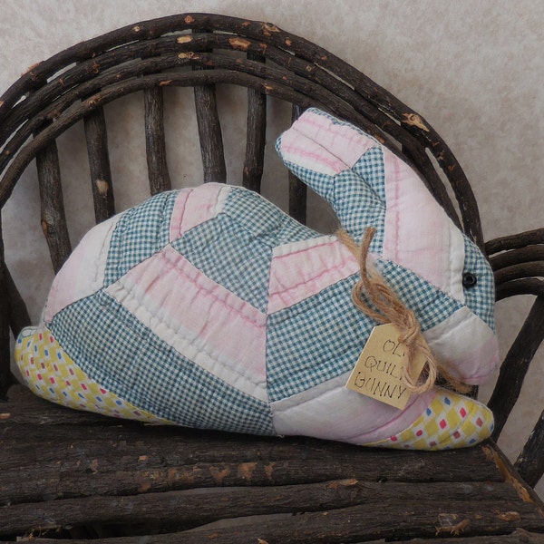 Hand Quilted Primitive Bunny Pillow Vintage Quilt Easter Farmhouse Pink Green Rabbit