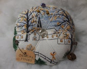 Primitive Vintage Grandma Moses Bark Cloth  Pin Keep TILES Pin Cushion Ornament