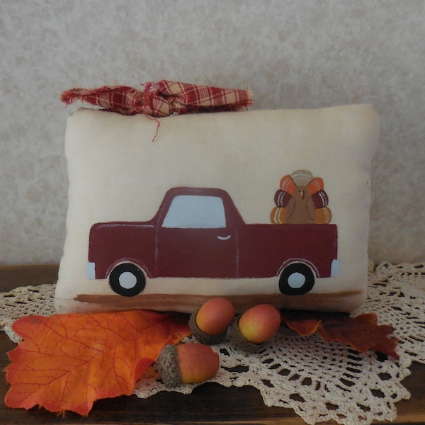 Primitive Thanksgiving Folk Art Pillow Tuck Hand Painted Red Truck & Turkey