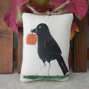 Primitive Fall Crow & Pumpkin Picking Hand Painted Pillow Tuck Folk Art Farmhouse Decor