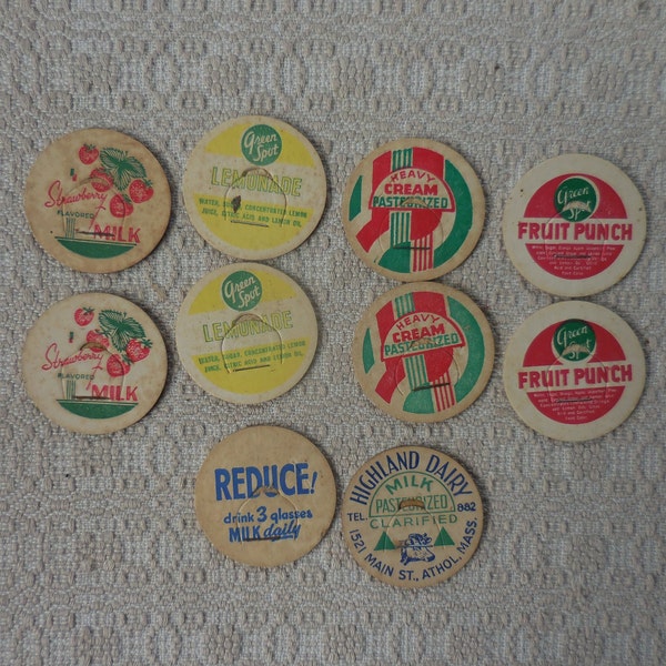 Vintage Glass Bottle Caps Lot of 10 Different Milk Cream Fruit Punch Bottle Caps