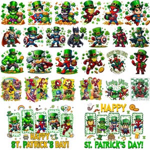 May include: A collection of St. Patrick's Day themed superhero illustrations. The images feature characters like Spider-Man, Iron Man, and Hulk, all wearing green hats and surrounded by shamrocks. Text includes "Happy St. Patrick's Day!"