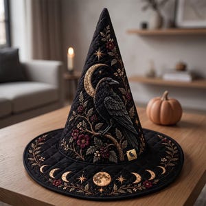 May include: A black quilted pointed hat featuring an embroidered design of a raven perched on a branch, a crescent moon, stars, and floral motifs. The brim displays a sequence of moon phases, stars, and small flowers, with a small gold raven tag.
