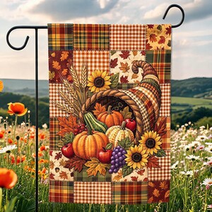 Höstflagga med överflödshorn, rutig pumpa-verandabanderoll, trädgårdsdekoration för Thanksgiving, bondgårdsflagga för utomhusbruk
