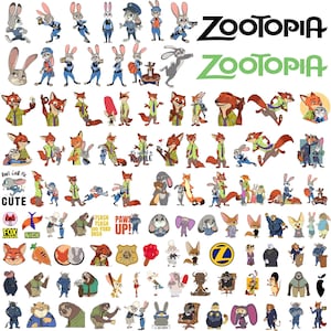 Puede incluir: Una colección de ilustraciones coloridas de personajes de Zootopia, incluyendo a Judy Hopps, Nick Wilde y otros animales. La imagen presenta varias poses y escenas de la película animada, con el texto "Zootopia".