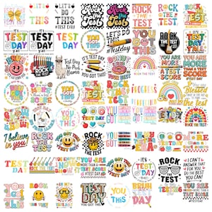 May include: A collection of colorful, circular stickers with various text and graphic designs related to test day. Designs include phrases like "Rock the Test," "You Got This," and "Test Day Y'all," along with smiley faces, pencils, and rainbows.