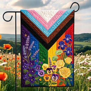 Pride Garden Flag, Faux Patchwork Rainbow Floral Yard Decor