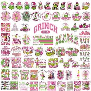 May include: A collection of Grinch-themed graphics in pink and green. The designs include the Grinch character in various poses, text like "Grinch Era," and holiday-themed phrases. Ideal for holiday crafts and merchandise.