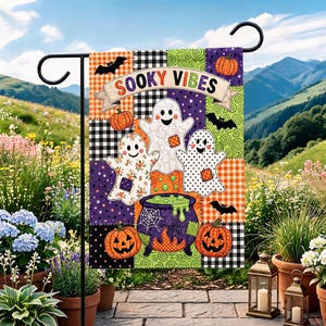 Bandera de jardín de Halloween con ambiente espeluznante, decoración de jardín con calabazas fantasmales estilo patchwork.