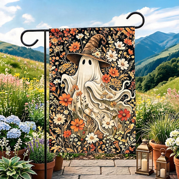 Floral Ghost Halloween Garden Flag, Witchy Fall Yard Decor, Spooky Porch Patio Flag